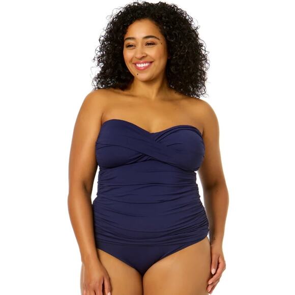 Anne Cole Navy Twist Front Bandeaukini Swim Top 22W NWT - Picture 3 of 8